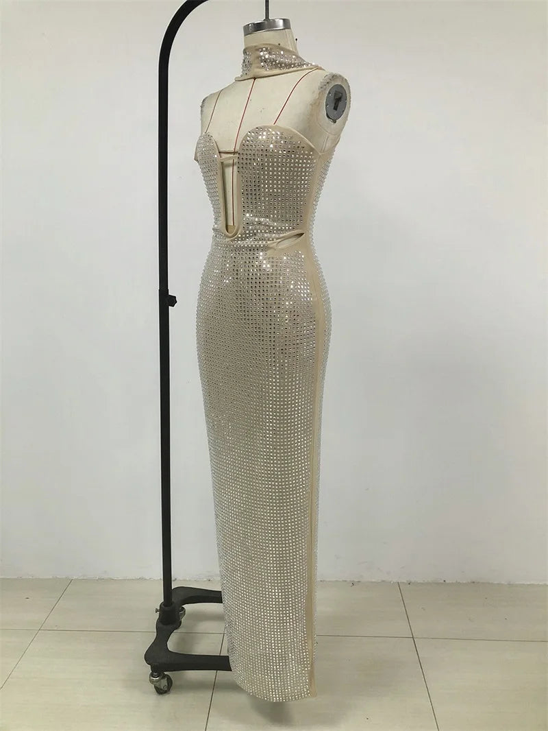Luxury Crystals Women's Prom Dress Sexy Halter Sleeveless Hollow Slim Fit Formal Birthday Sheath Long Party Gown Skirt Robes