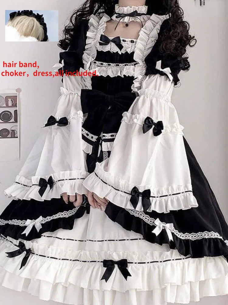 Contrast Color Japanese Dress Women Ruffled Patchwork High Waist Fairy Robe Y2k Aesthetic Ladies Sweet Dresses Vestido De Mujer