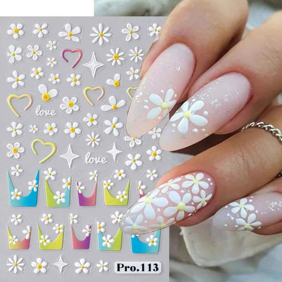 Daisy Dreams Nail Stickers - 5D White Flower & Bee Design, Self-Adhesive Acrylic Decals for DIY Manicure Magic