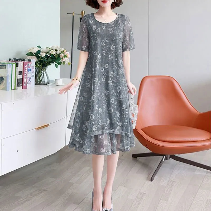 Fashion Casual Irregular Loose Midi Dress Female Clothing Commute Round Neck Summer Short Sleeve Gauze Patchwork A-Line Dresses