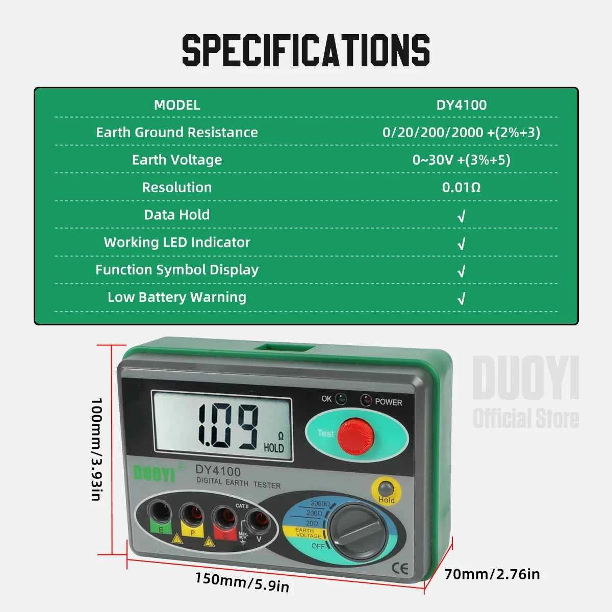 Digital Earth Ground Resistance Tester,0-2000 ohm Meter Earth Resistance Tester,Overload Protection AC Ground Voltage Meter
