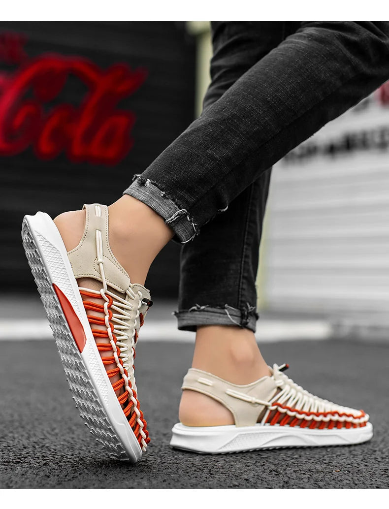 2023 Summer Men's  Sandals Lace Up Hand Woven Sandals Thick Soled Soft Non Slip Casual Shoes High Quality Couple Beach Shoes