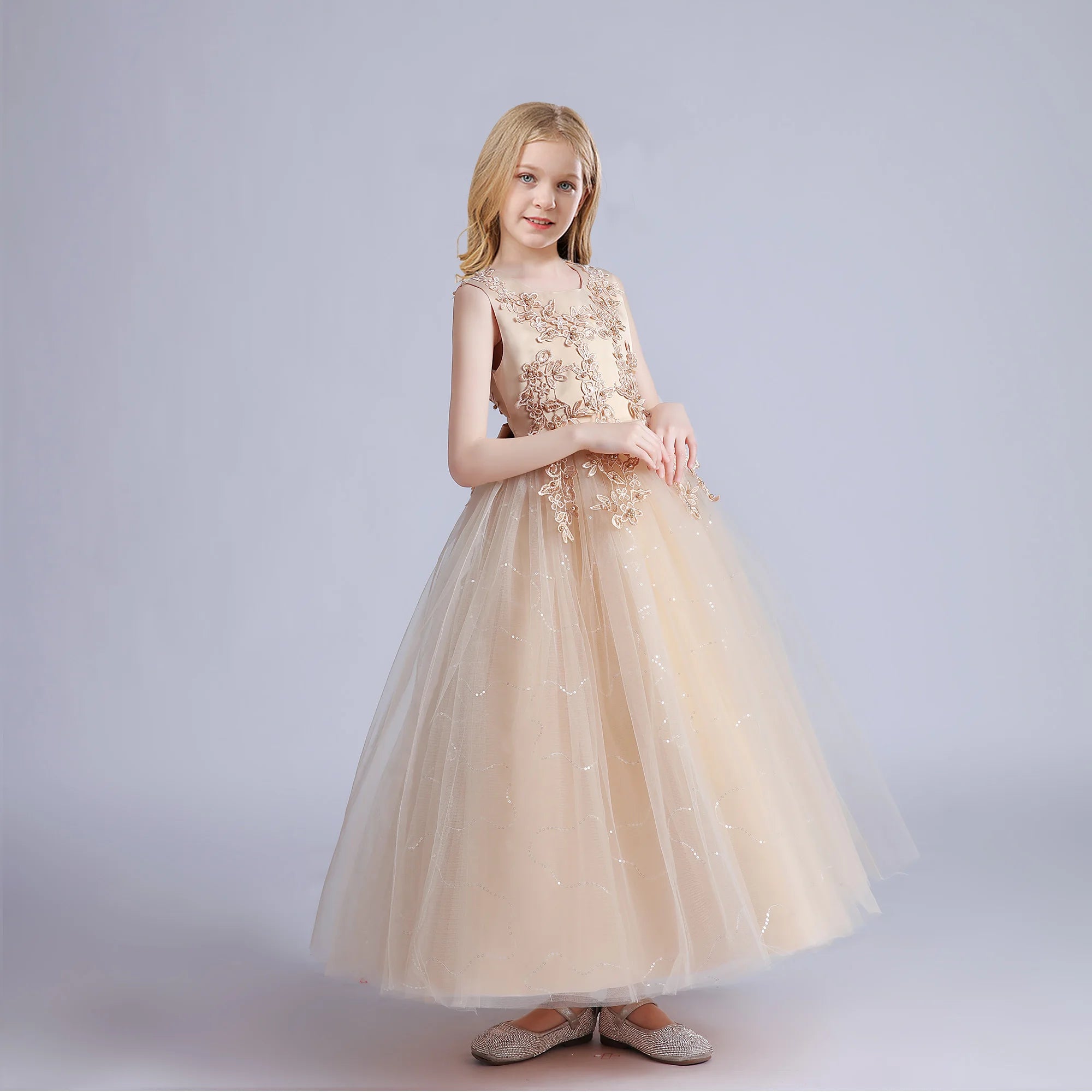 Fashion Flower Bridesmaid Girls Dress Elegant Bow Wedding Evening Princess Birthday Party Dress Graduation Baptism Kids Clothing