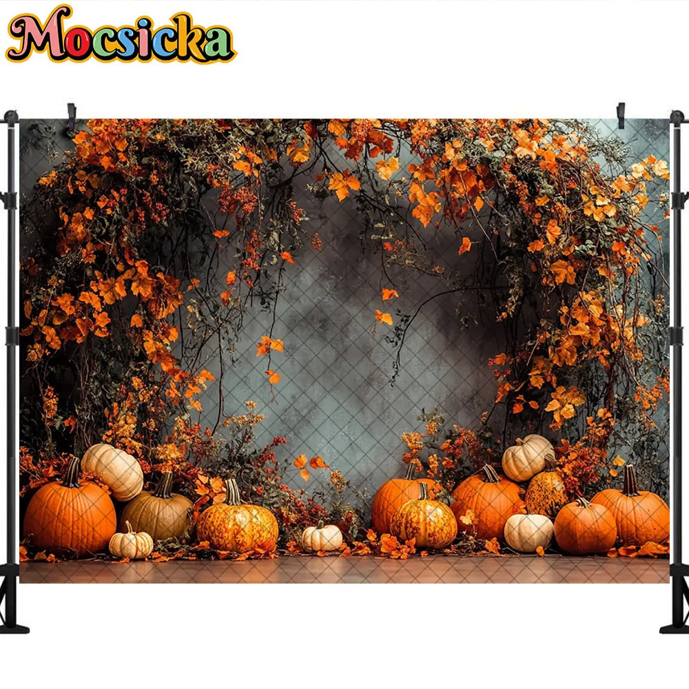 Mocsicka Photography Backdrop Autumn Pumpkin Maple Leaves Decoration Fall Portraits Photo Supplies Backgrounds For Photographs