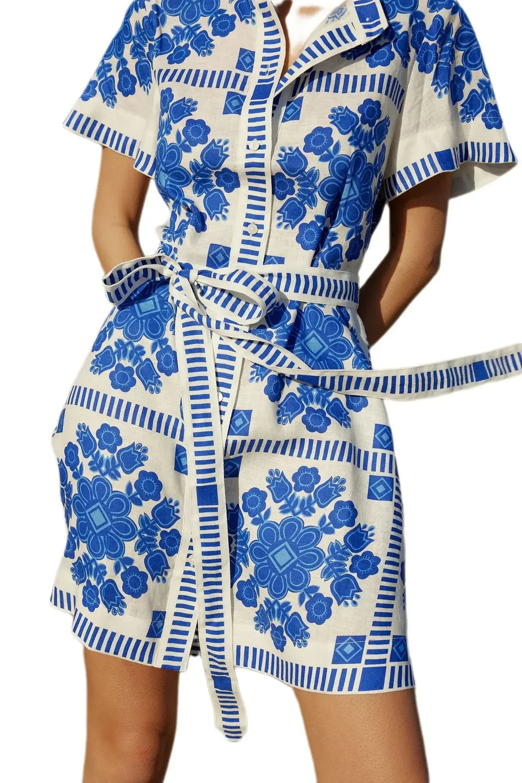 Fashionable Printed Belted Casual Women's Dress Summer Style Cross-Border Clothing Elegant Simple Design Maxi Length Gown