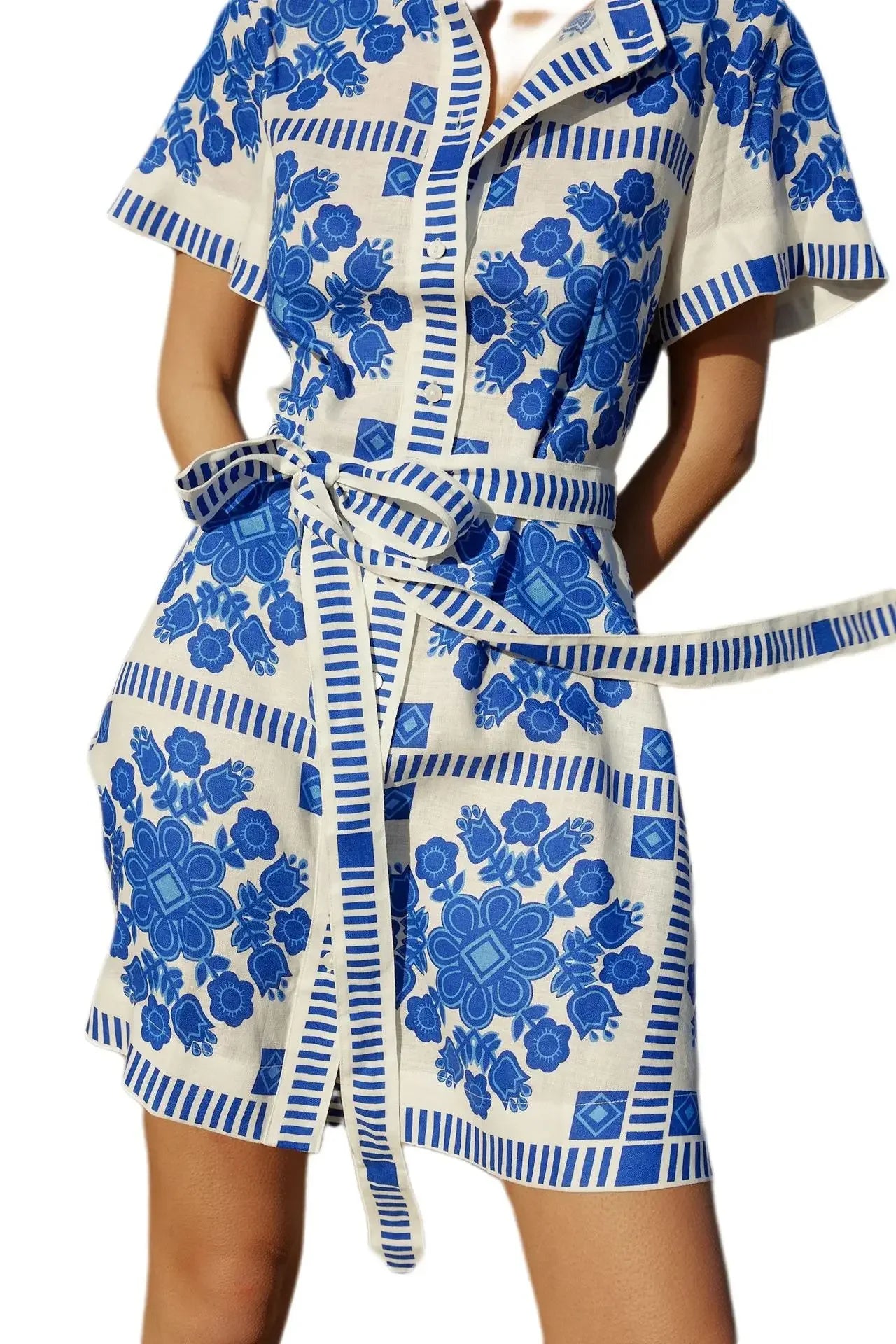 Fashionable Printed Belted Casual Women's Dress Summer Style Cross-Border Clothing Elegant Simple Design Maxi Length Gown