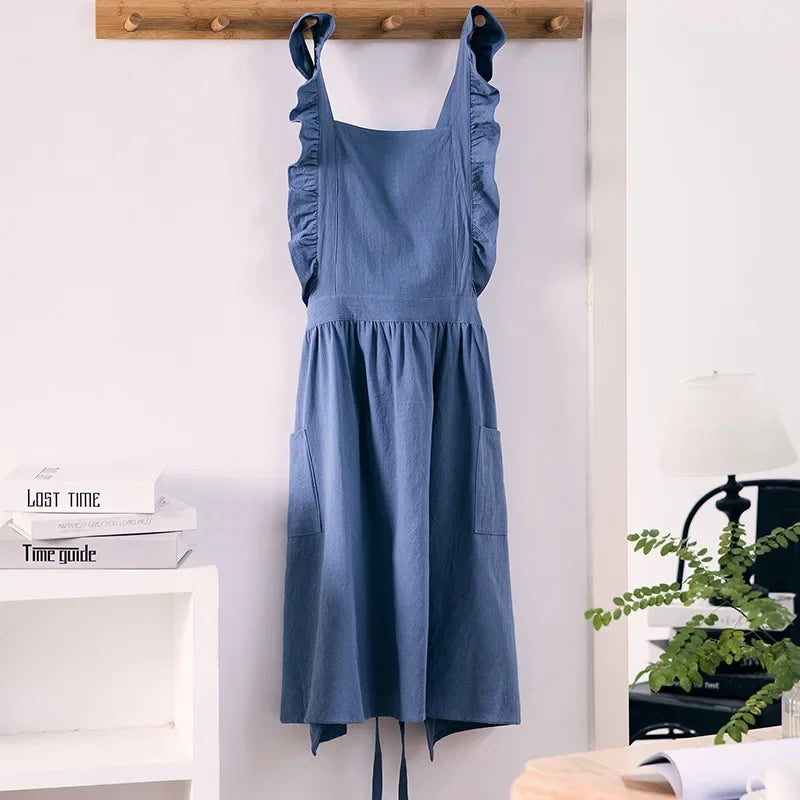 Cross Back Apron Kitchen Apron Ruffled with Pockets for Chef Gardening Pink Work Women with Big Pinafore Dress Cooking Baking