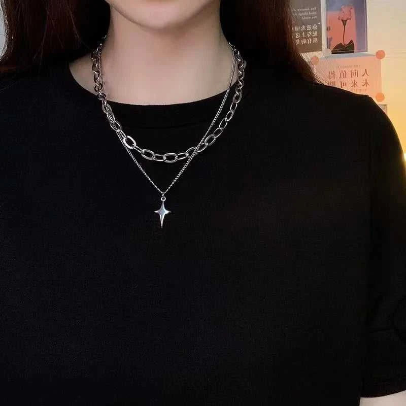 New Design Double Layer Link Chain Cross Star Necklace for Women Man Teens Trendy Punk Hip hop Stainless Steel Choker The jack market .AU The jack market .AU Jewellery & Chains $ 47 <none>