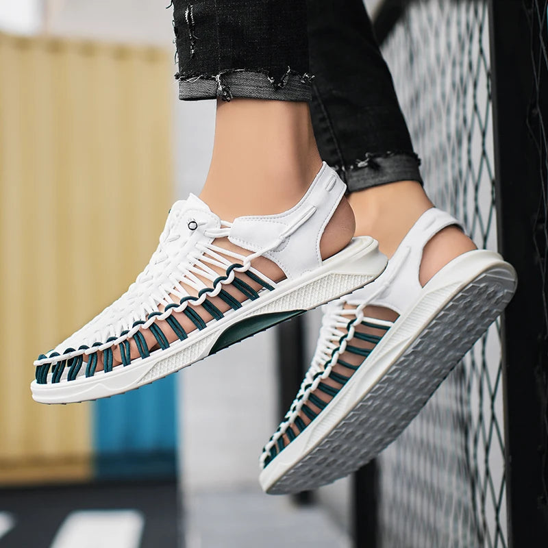 2023 Summer Men's  Sandals Lace Up Hand Woven Sandals Thick Soled Soft Non Slip Casual Shoes High Quality Couple Beach Shoes