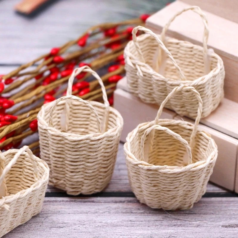 1:12 Straw Basket Simulation Food Basket Model Toys for Doll House Decoration 1/12 Dollhouse Miniature Accessories