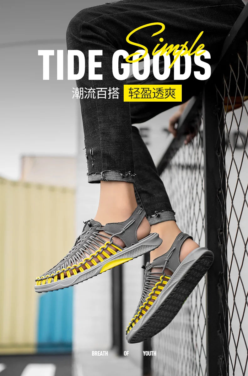 2023 Summer Men's  Sandals Lace Up Hand Woven Sandals Thick Soled Soft Non Slip Casual Shoes High Quality Couple Beach Shoes