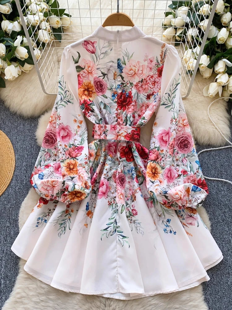 France Elegant Vintage Palace Evening Dress Women Sashes Button Print Short Party Dress Female Casual Chic Festival Clothing New