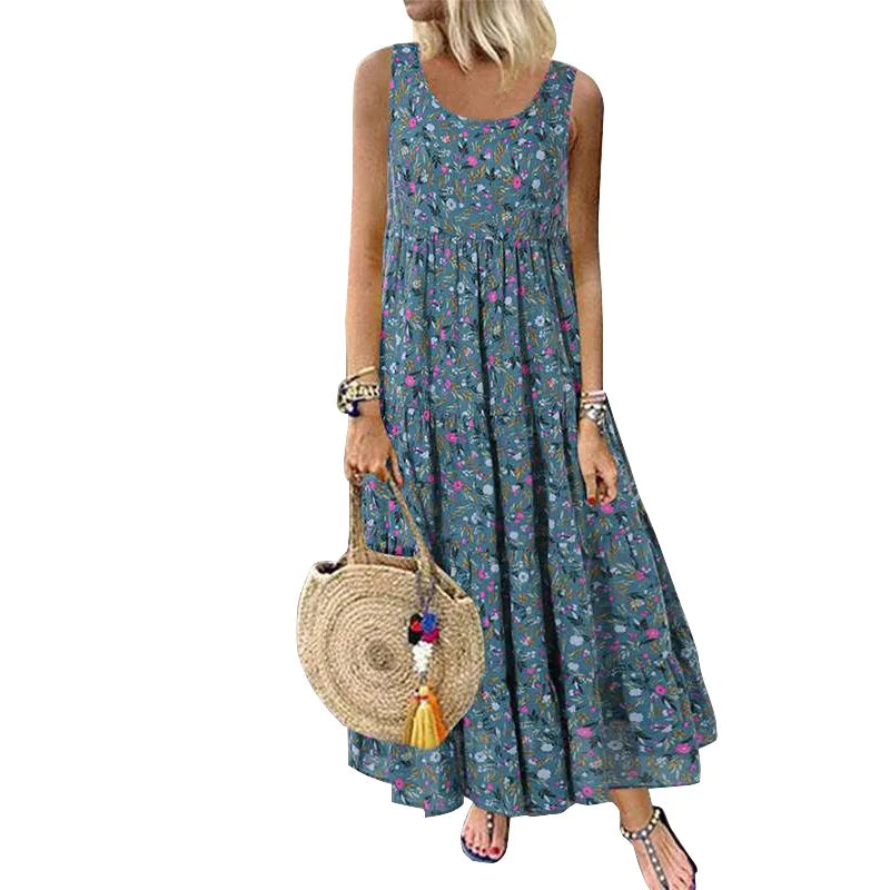 Women's Floral Boho Midi Dress – Loose Sleeveless Summer Dress