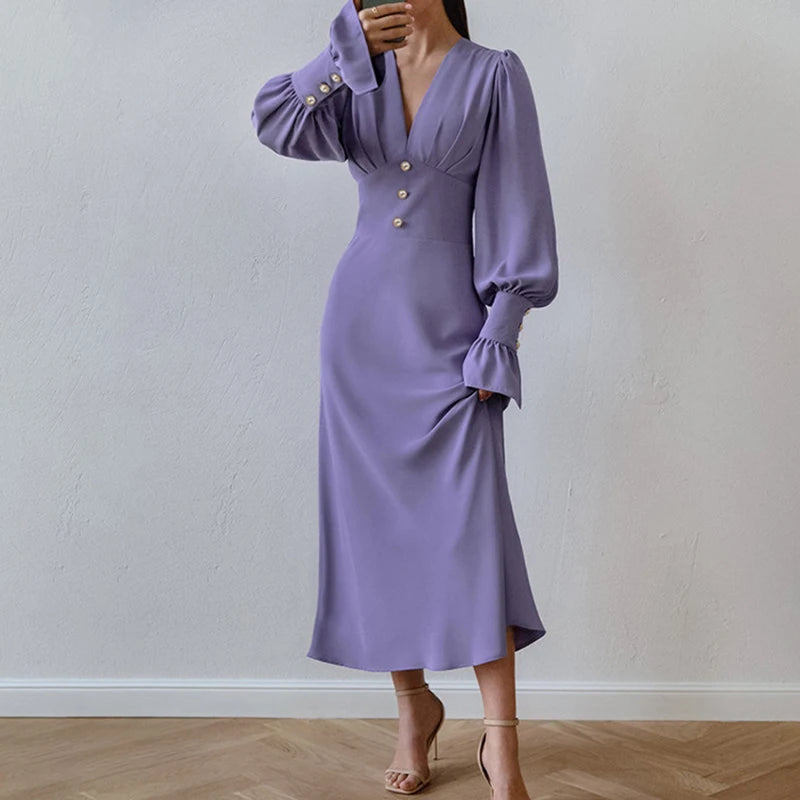 Women's Elegant Deep V-neck Chiffon Party Dress Casual Lantern Sleeves Solid Waist Slim Long Dress Fashion Draped Evening Dress