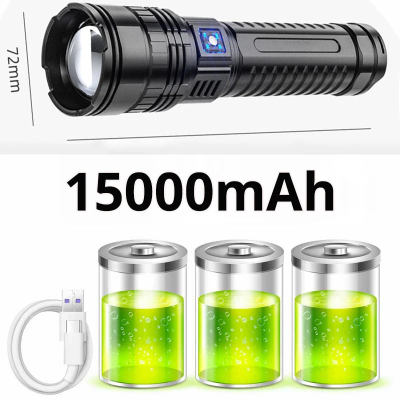 1000W Built-in Battery Flash Light Emergency Spotlights 9km 990000000LM Most Powerful Led Flashlights Tactical Torch 15000mah