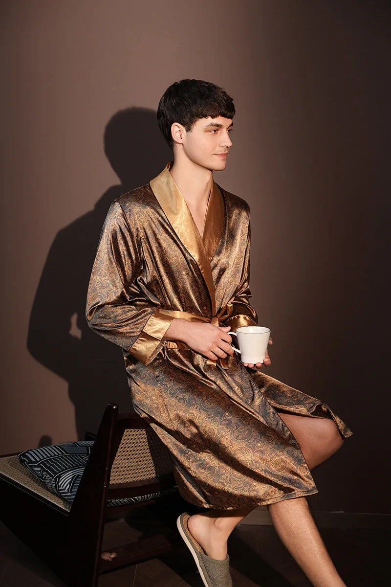 Men's Thin Bathrobe High Quality Nightrobes One-Piece Robe Male Loungewear Gents Spring and Autumn New Ice Silk Printed Pajamas