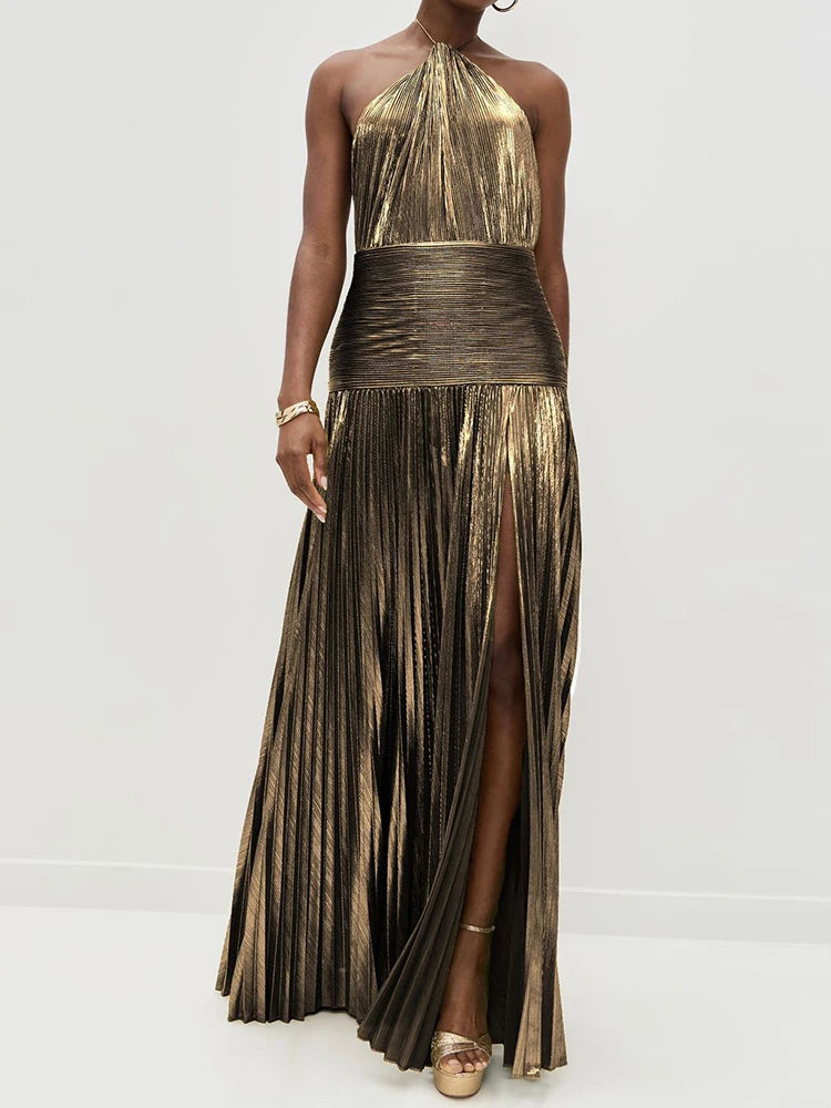 Chic Women's Backless Maxi Dress - Sleeveless Halter Patchwork Elegance for Summer Parties