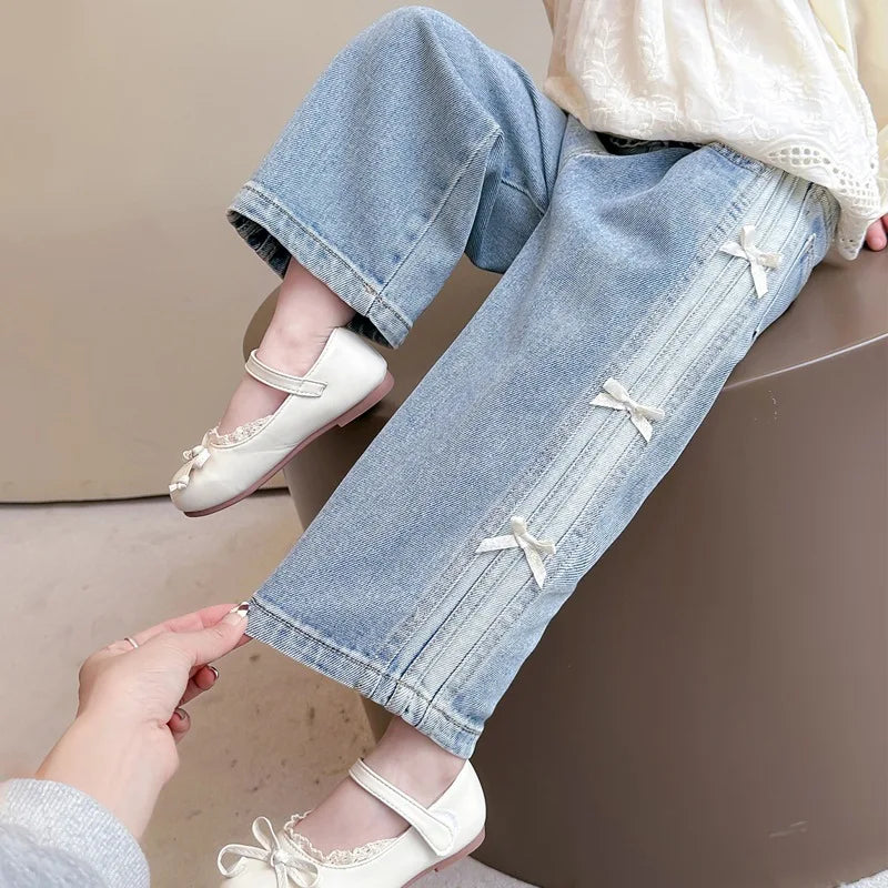 Stylish Girls Bow Jeans Spring and Autumn 2025 New Baby Girl Casual Denim Straight Pants Children's Elastic Waist Trousers