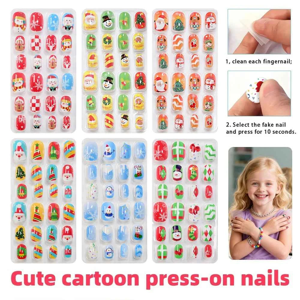 24pcs Princess Girls Christmas Press On Nails Candy Color Kawaii Christmas Tree Snowman False Nails New Year Children Fasle Nail
