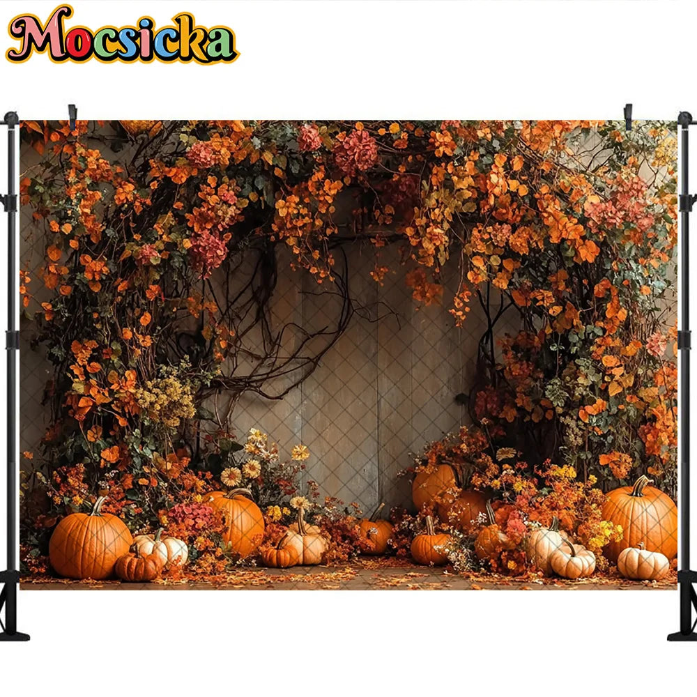 Mocsicka Photography Backdrop Autumn Pumpkin Maple Leaves Decoration Fall Portraits Photo Supplies Backgrounds For Photographs