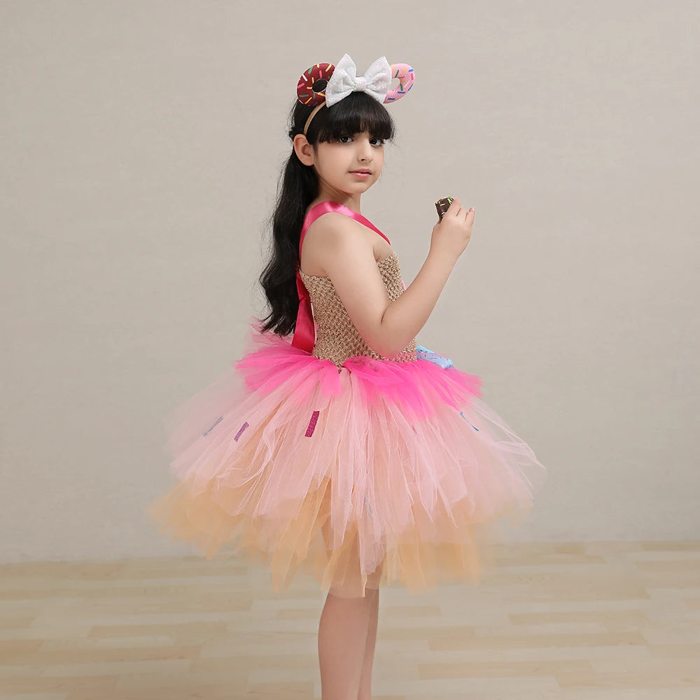 Girls Candy Donuts Tutu Dress with Headband Baby Kids Birthday Party Happy Purim Fancy Costumes Photoshoot Tulle Dresses