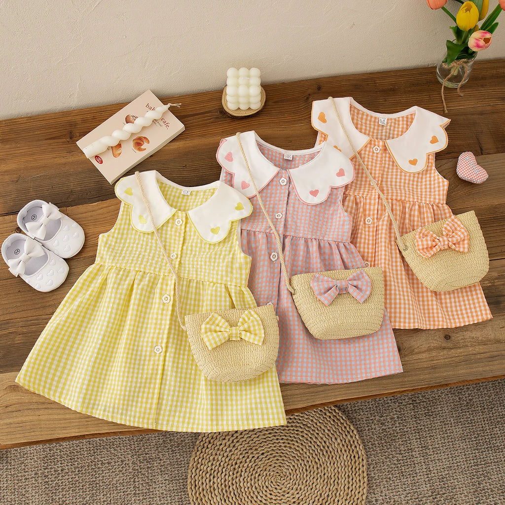 (0-3 Year Old Checkered Baby Girl Dress) Summer New Sweet White Petal Collar Children'S Sleeveless Clothes Free Package