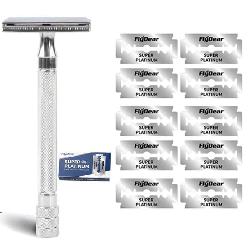 Stainless Steel Safety Razor for Men - Weighted Handle & 10 Double Edge Blades for a Superior Shave