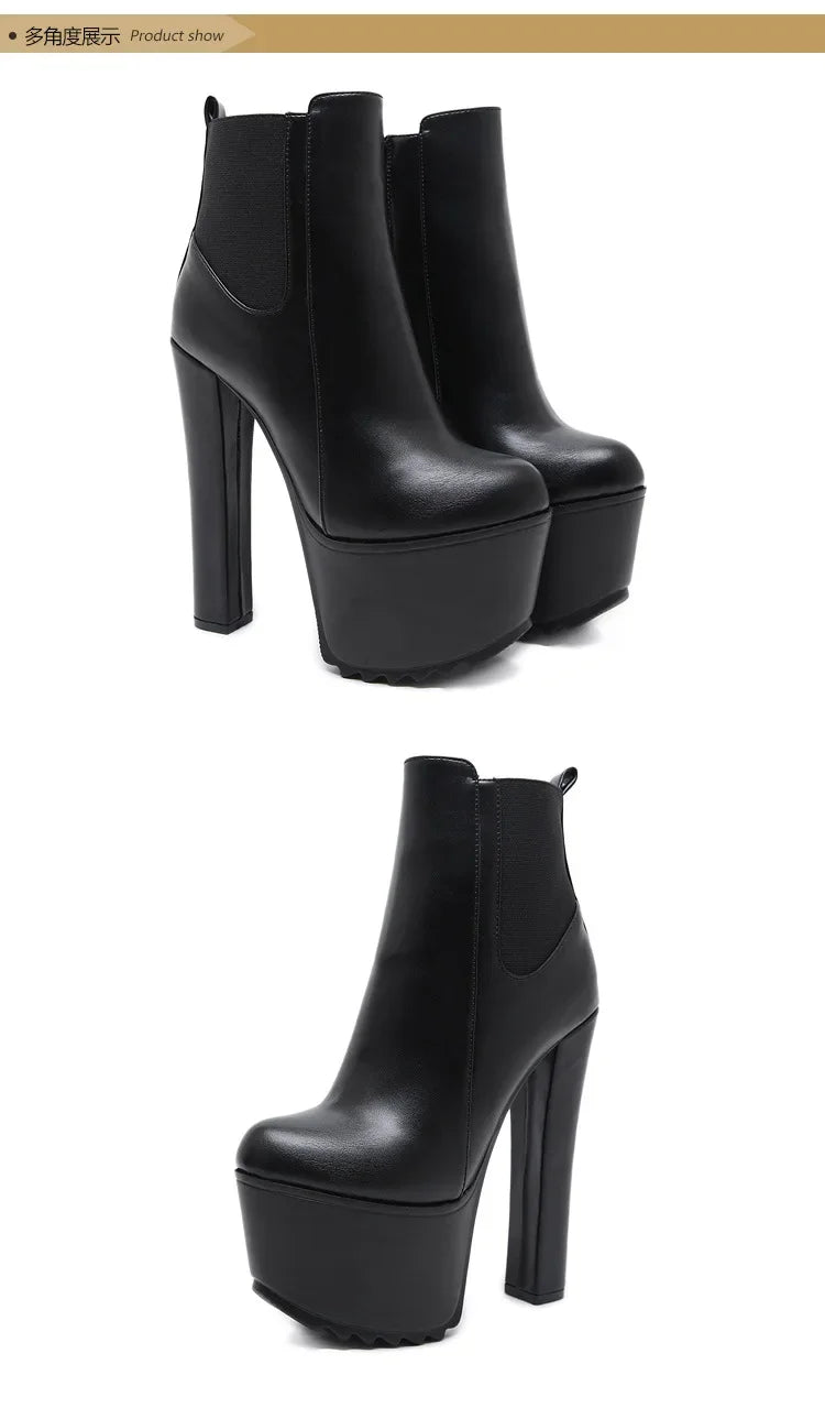 16CM Thick High Heel Shoes Womens Platform Elastic Band Side Zipper Chelsea Boots Black  Ankle Boot Zapatos Para Mujeres