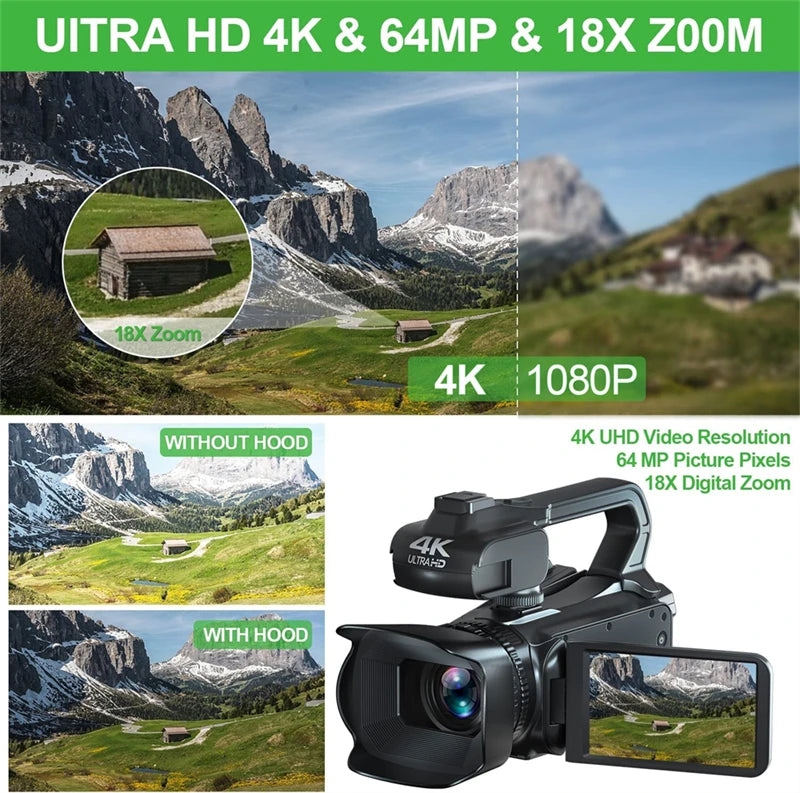 4K Professional Video Cameras for Photography 64MP Ultra HD 18X Digital Zoom Camcorders YouTube Live Streaming Vlog Recorder