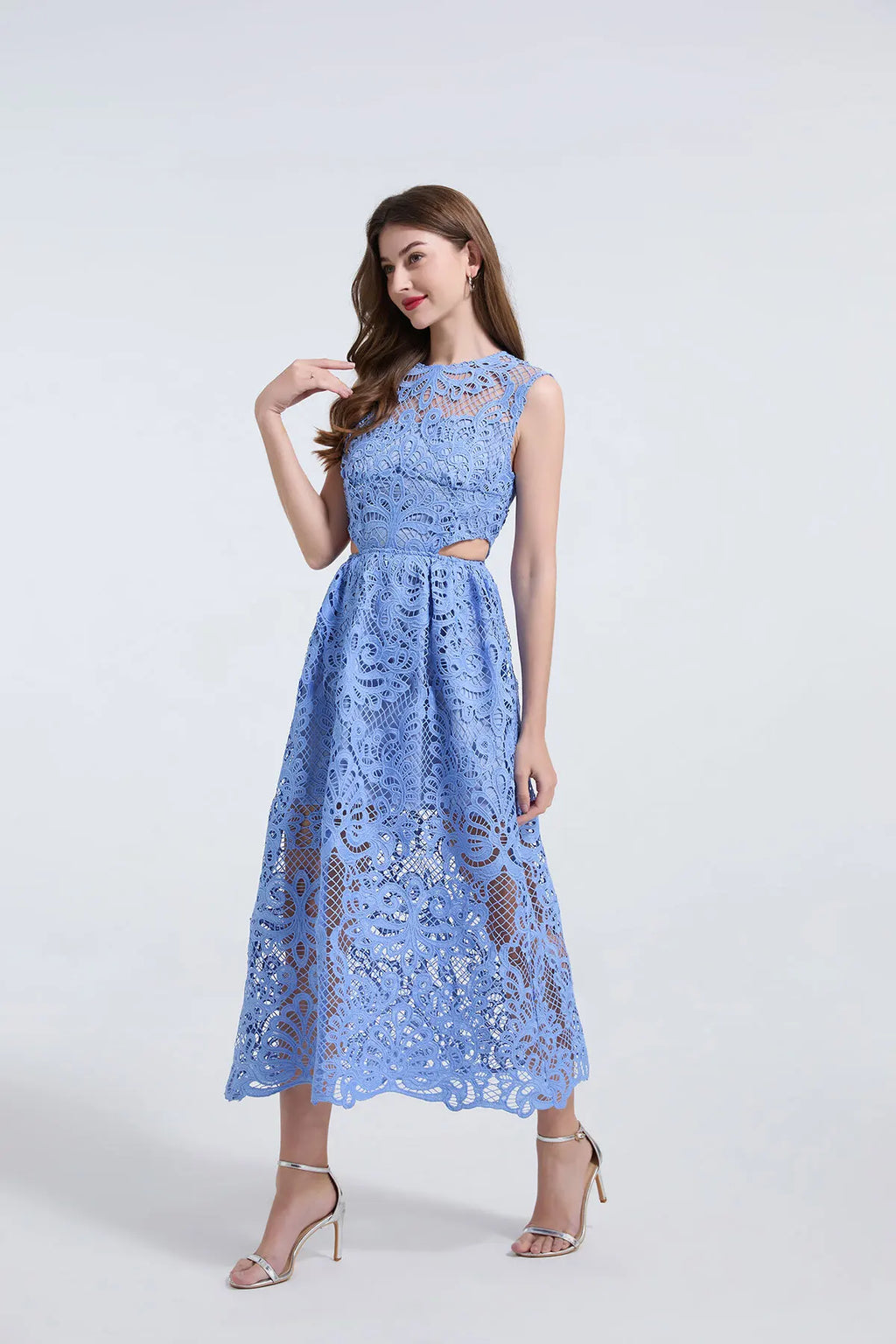 Women's Lace Embroidery Evening Dress – Elegant Midi Party Dress