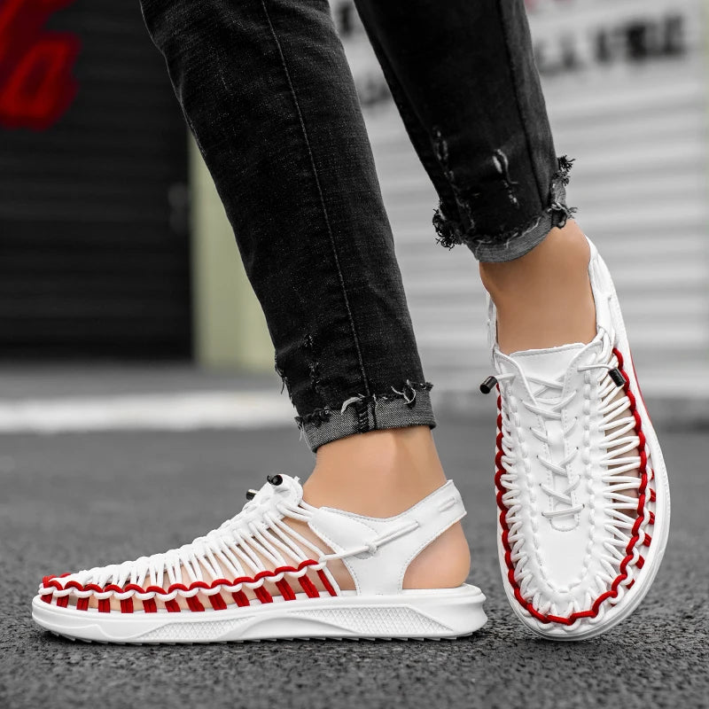 2023 Summer Men's  Sandals Lace Up Hand Woven Sandals Thick Soled Soft Non Slip Casual Shoes High Quality Couple Beach Shoes