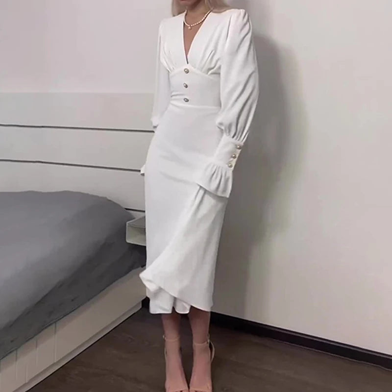 Women's Elegant Deep V-neck Chiffon Party Dress Casual Lantern Sleeves Solid Waist Slim Long Dress Fashion Draped Evening Dress