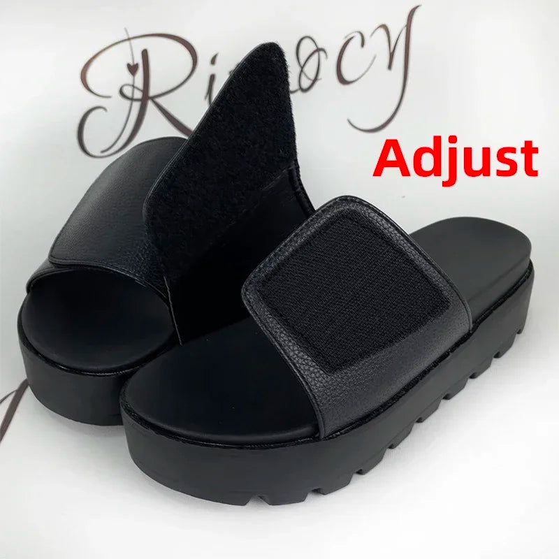 Rimocy Black PU Leather Platform Slippers Women Plus Size 43 Thick Soled Sandals Woman 2025 Summer Non-slip Slides Shoes Female