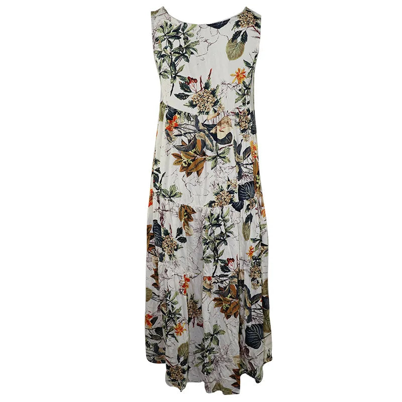 Women's Floral Boho Midi Dress – Loose Sleeveless Summer Dress