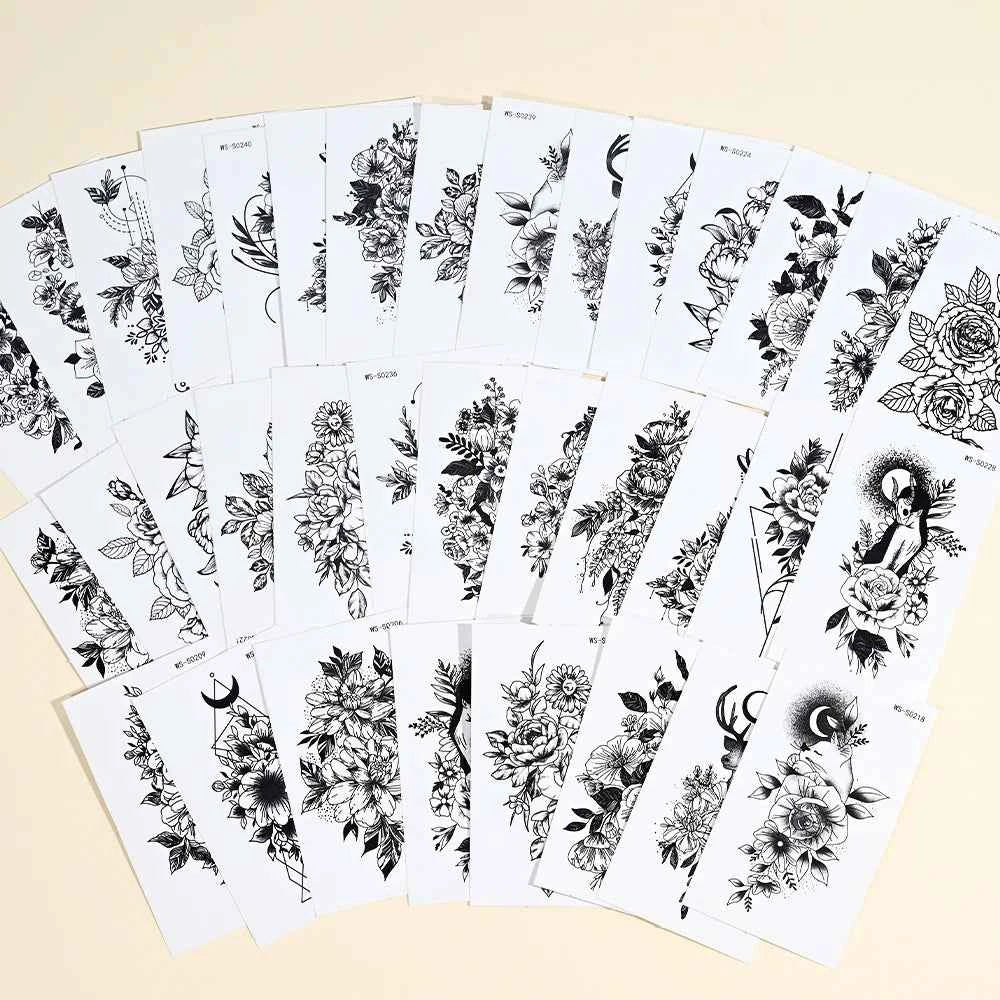35pcs Realistic Peony Rose Temporary Tattoo Deer Crescent Floral Body Art Waterproof Stickers Lasting Arm Leg Hand Neck Tattoos*