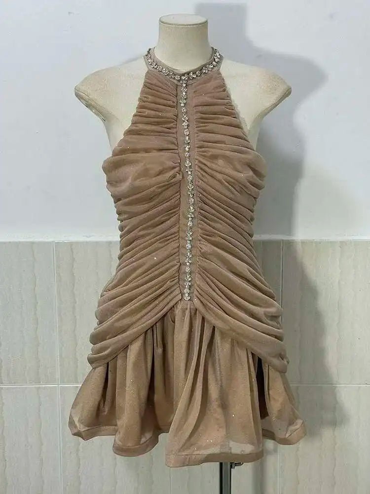 DEAT Women's Slim Dress with Diamond Folds & Zipper - Sleeveless Round Collar Summer Style