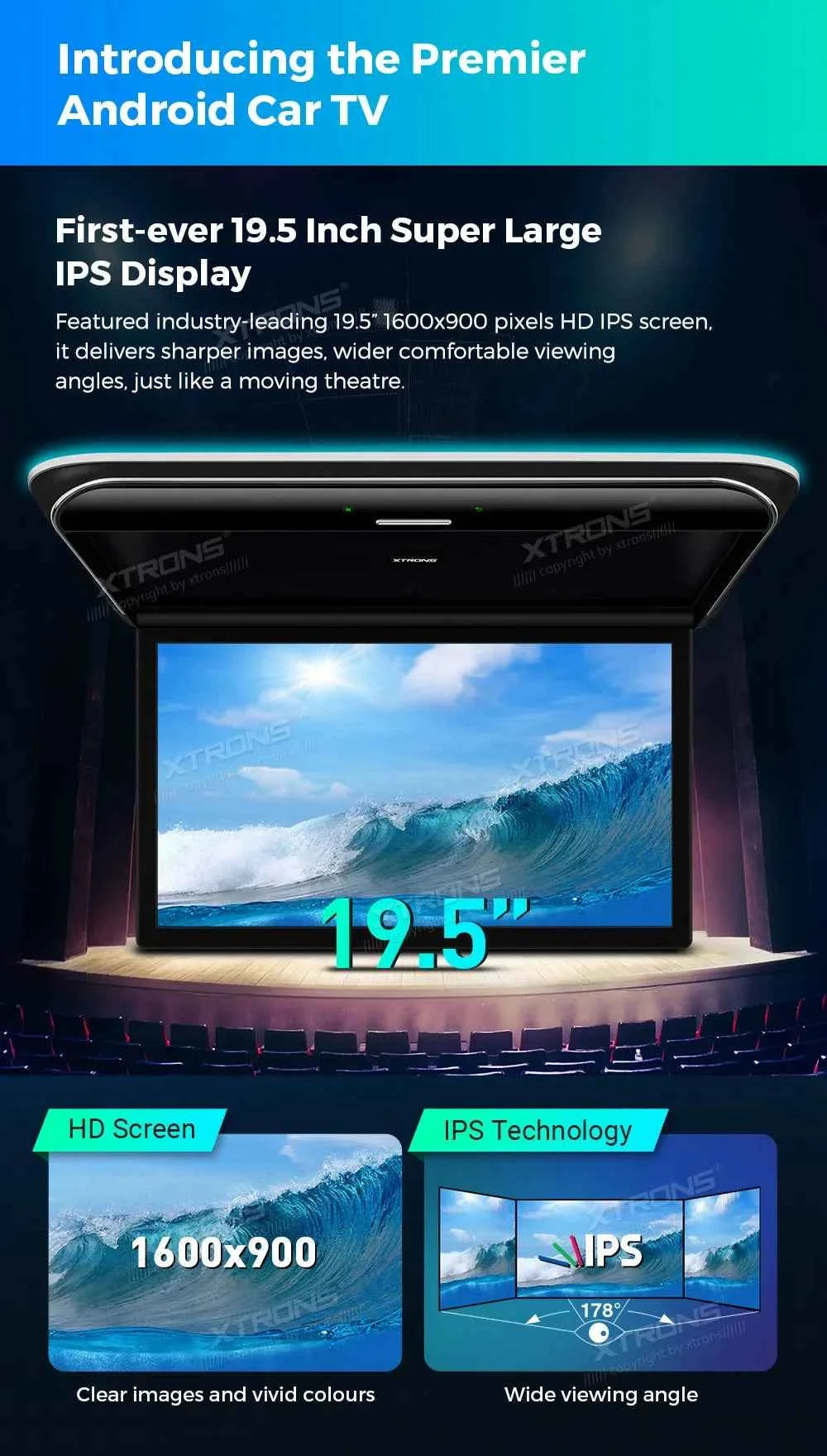 XTRONS 19.5" Android Car Roof Monitor TV Octa-core 8K IPS Car Screen Adjustable Angle to 170° with Screen Mirroring USB HDR RCA