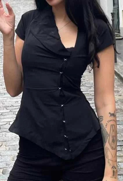 Women Vintage Black Irregular Buttons Top Fashion Solid Lapel Short Sleeve Slim Cropped Blouse 2026 Lady Daily Street Y2k Tops The jack market .AU The jack market .AU Woman Fashion $ 82 14:771#Picture Color;5:361386