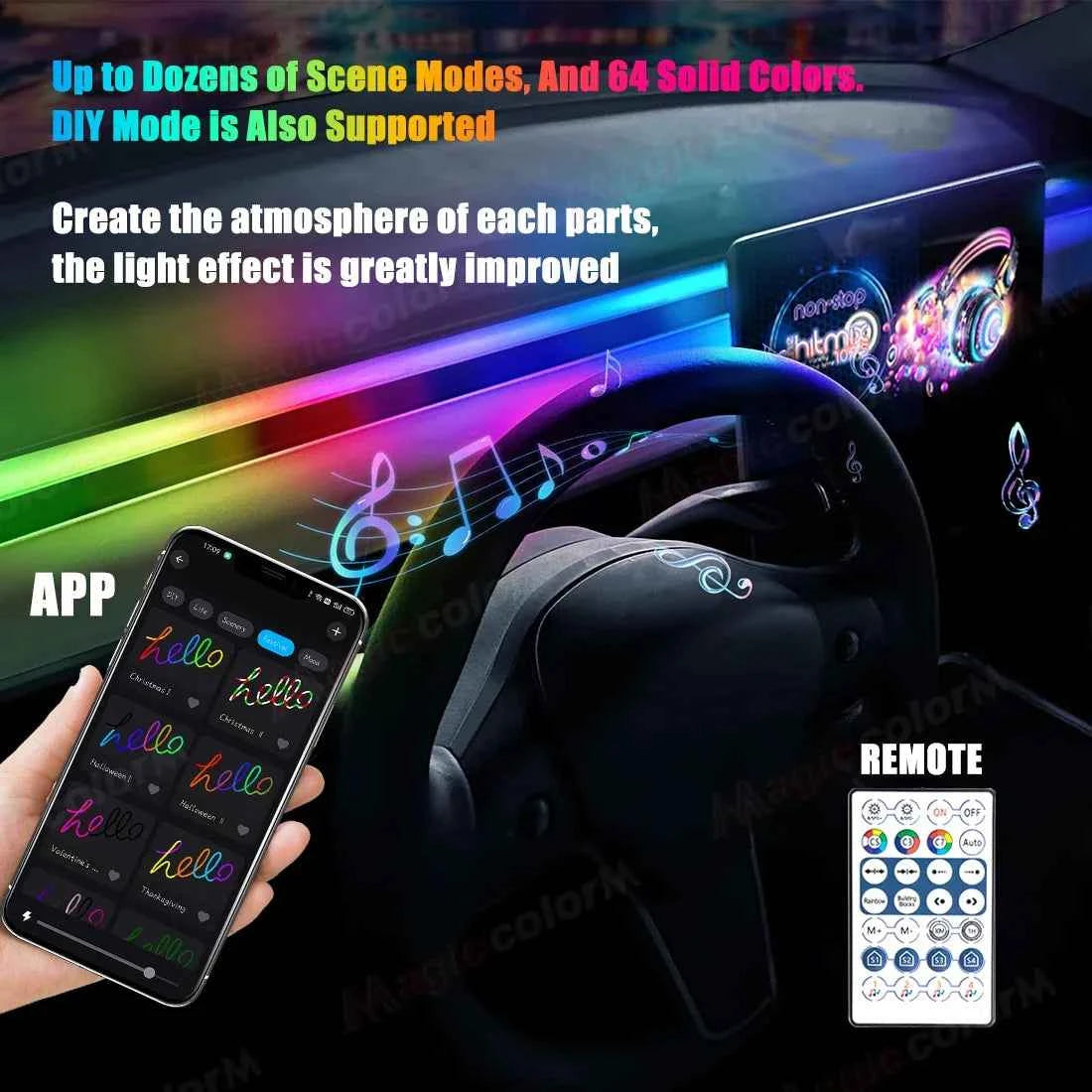 Vgettiing Car Ambient Lights Universal USB LED Symphony RGB Atmosphere Lamp Acrylic APP Control Remote for Tesla Model 3 Y S X