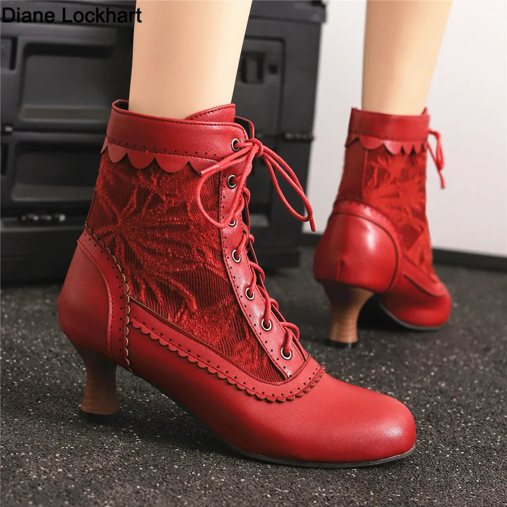 2025 New Lace Up Ladies High Heel Shoes Strange Steampunk Boot Victorian Ankle Boots Women Pointed Toe Thick Soled Short Boots