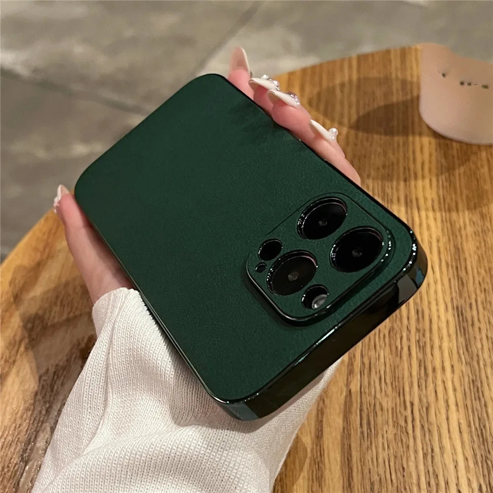 LuxeGuard Retro Lambskin Leather iPhone Case - Shockproof Bumper with Lens Protection for All Models 11-17
