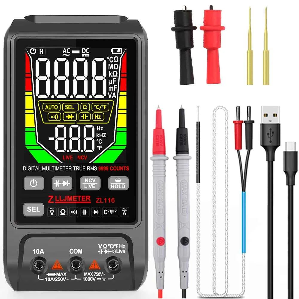 SmartTech USB Rechargeable Digital Multimeter - True RMS, AC/DC Current, Capacitance, Temperature, Auto Range