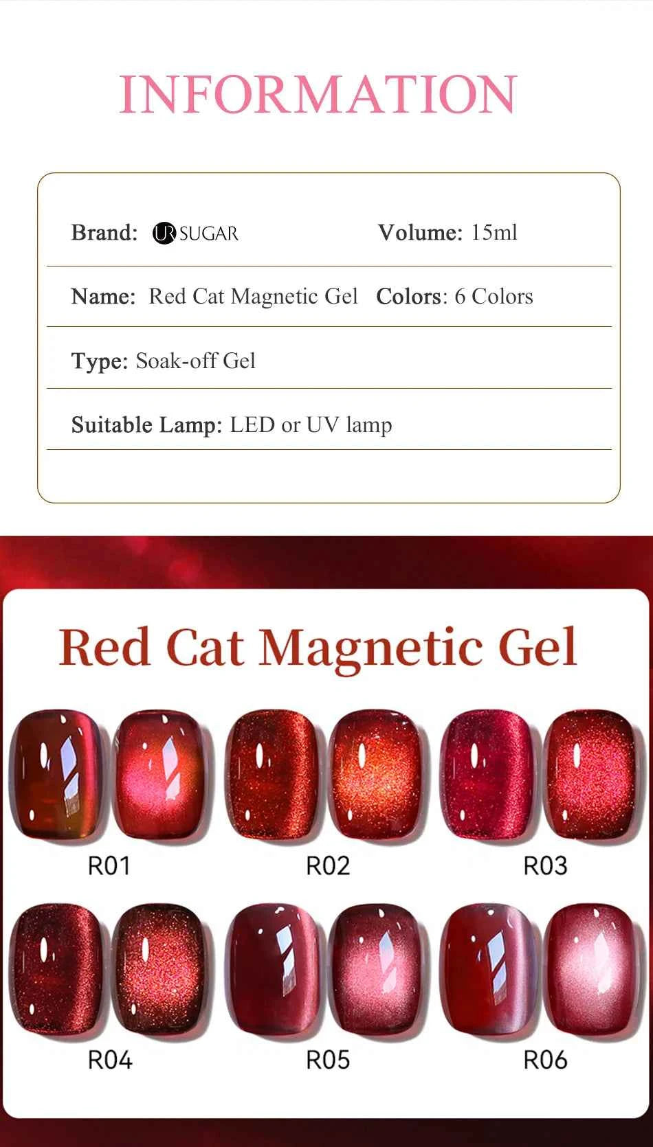 UR SUGAR 15ml  Autumn Winter Red Cat Magnetic Gel Nail Polish White Dopamine Nail Sparkling Glitter Soak Off UV LED for Manicure