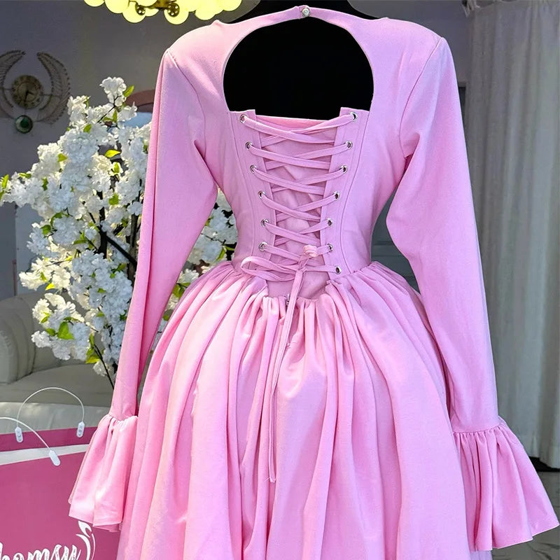 Elegant Pink A-Line Dress for Women - Pleated Round Neck, High Waist, Perfect for Parties and Weddings