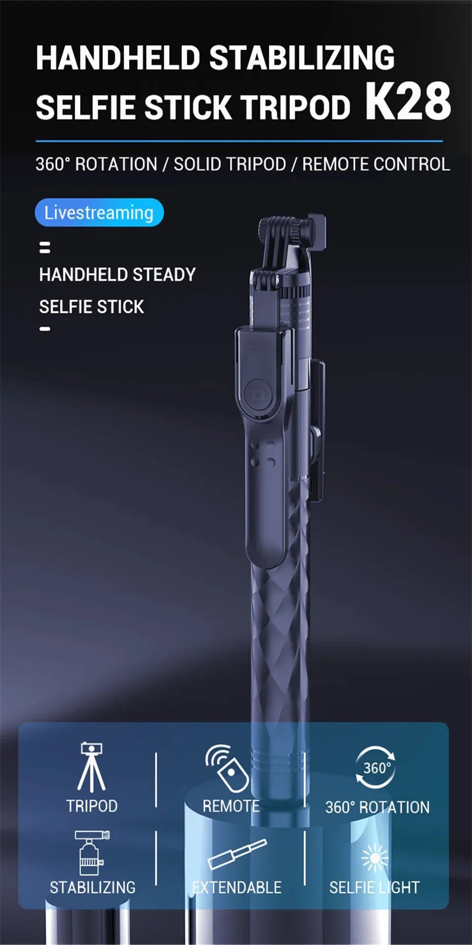 FANGTUOSI 2024 New Wireless Selfie Stick Tripod Foldable Stand For Gopro Action Cameras Smartphones Balance Steady Shooting Live