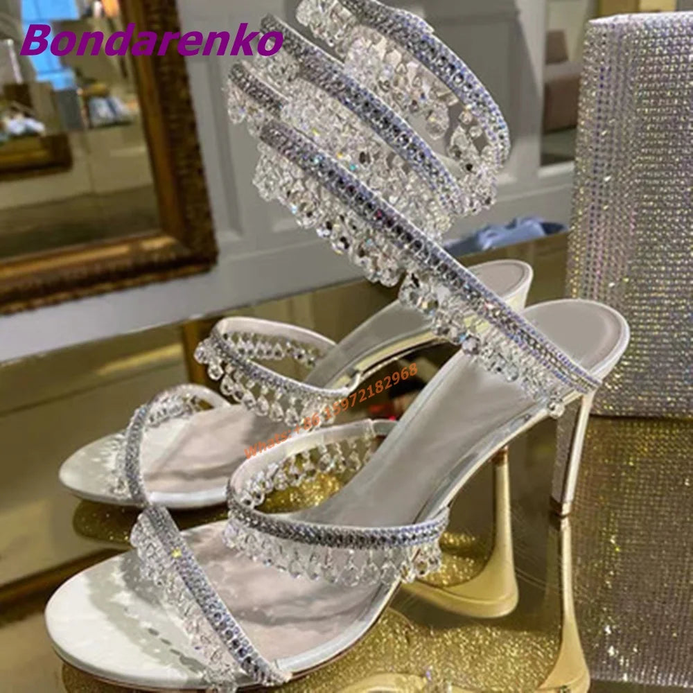 Newest Rhinestone Serpentine Sandals Women Shoes Open Toe Solid Hollow Stiletto Heel Sandal Slip On Summer Party Dress Sexy Shoe