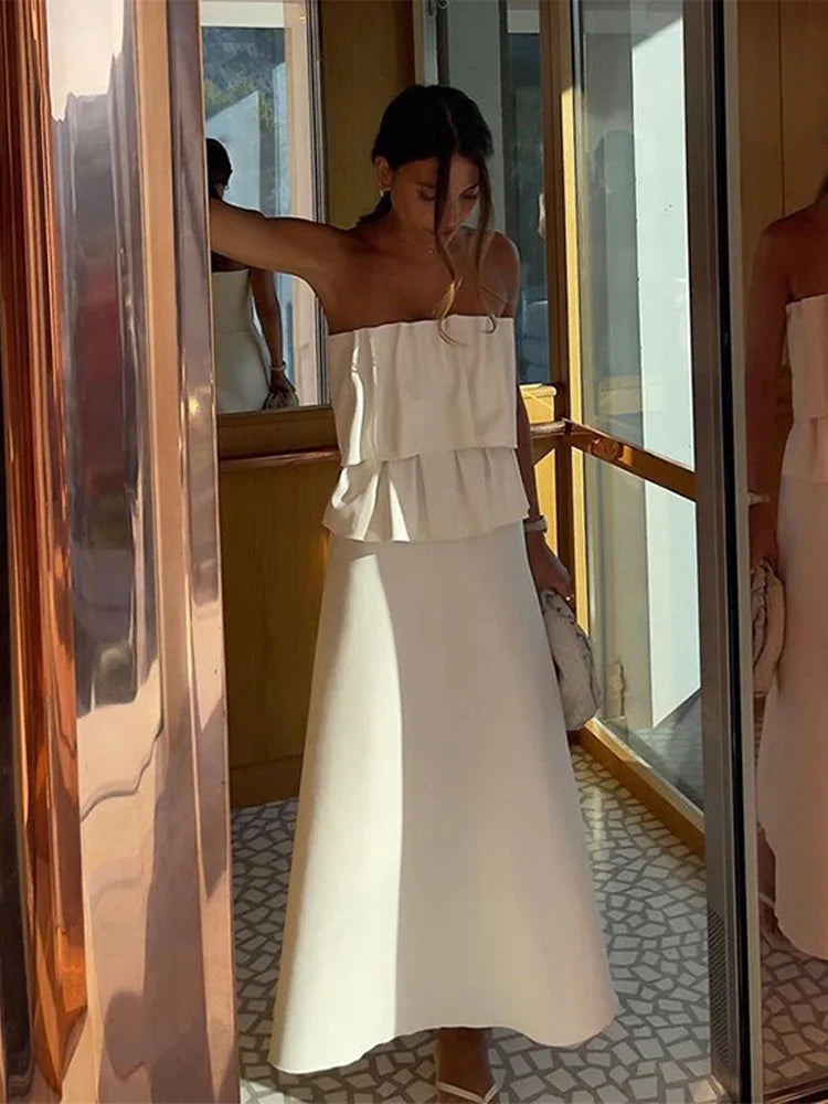 Elegant Pleated Sleeveless Long Dress Women White Slim Tube Party Dresses Female 2026 Spring New Fashion Street Maxi Robes