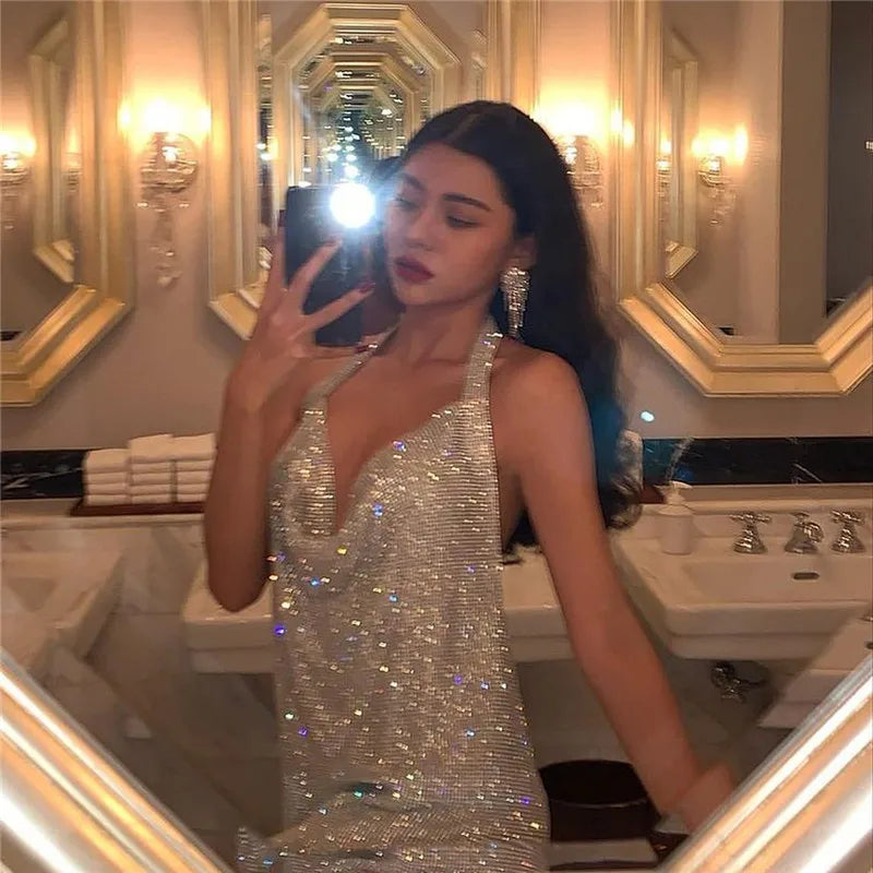 Bling Backless Rhinestone Dress - Sexy Deep V Neck, Sleeveless, Side Split Halter for Nightclub & Party