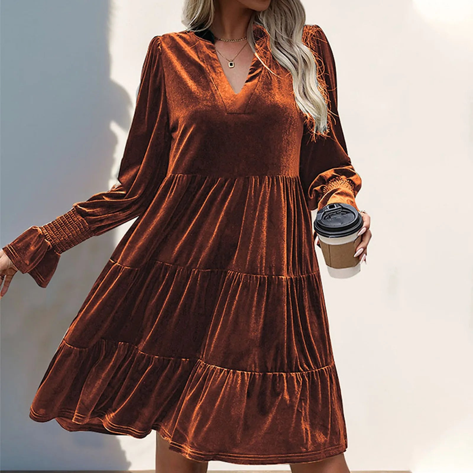 Elegant Vogue Velvet Midi Dress - Long Sleeve V-Neck, High Waist, Chic Style for Evening Parties & Christmas Celebrations