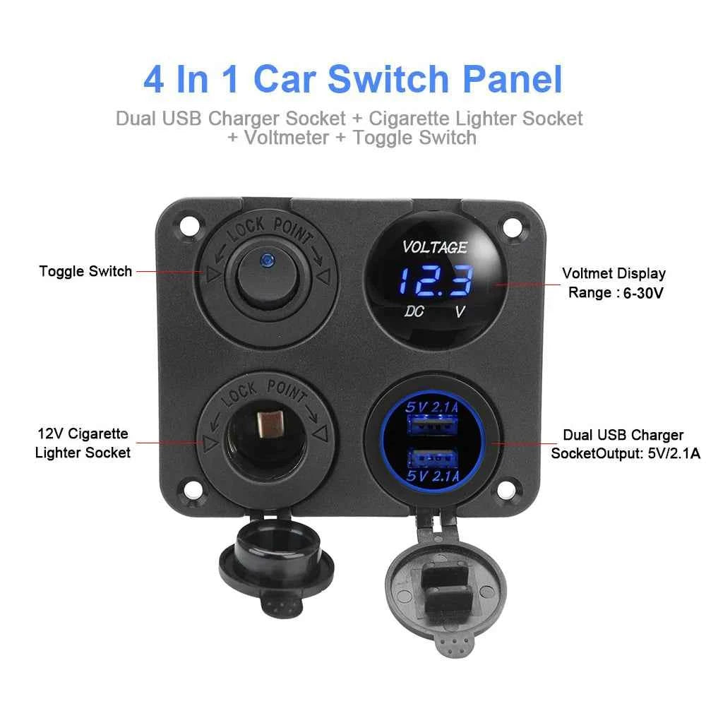 12V 24V 6 Buttons Car Switch Panel 15A Fuse Marine Circuit Breaker Voltmeter Tester Light Toggle USB Chargers 3.0 Auto Splitter